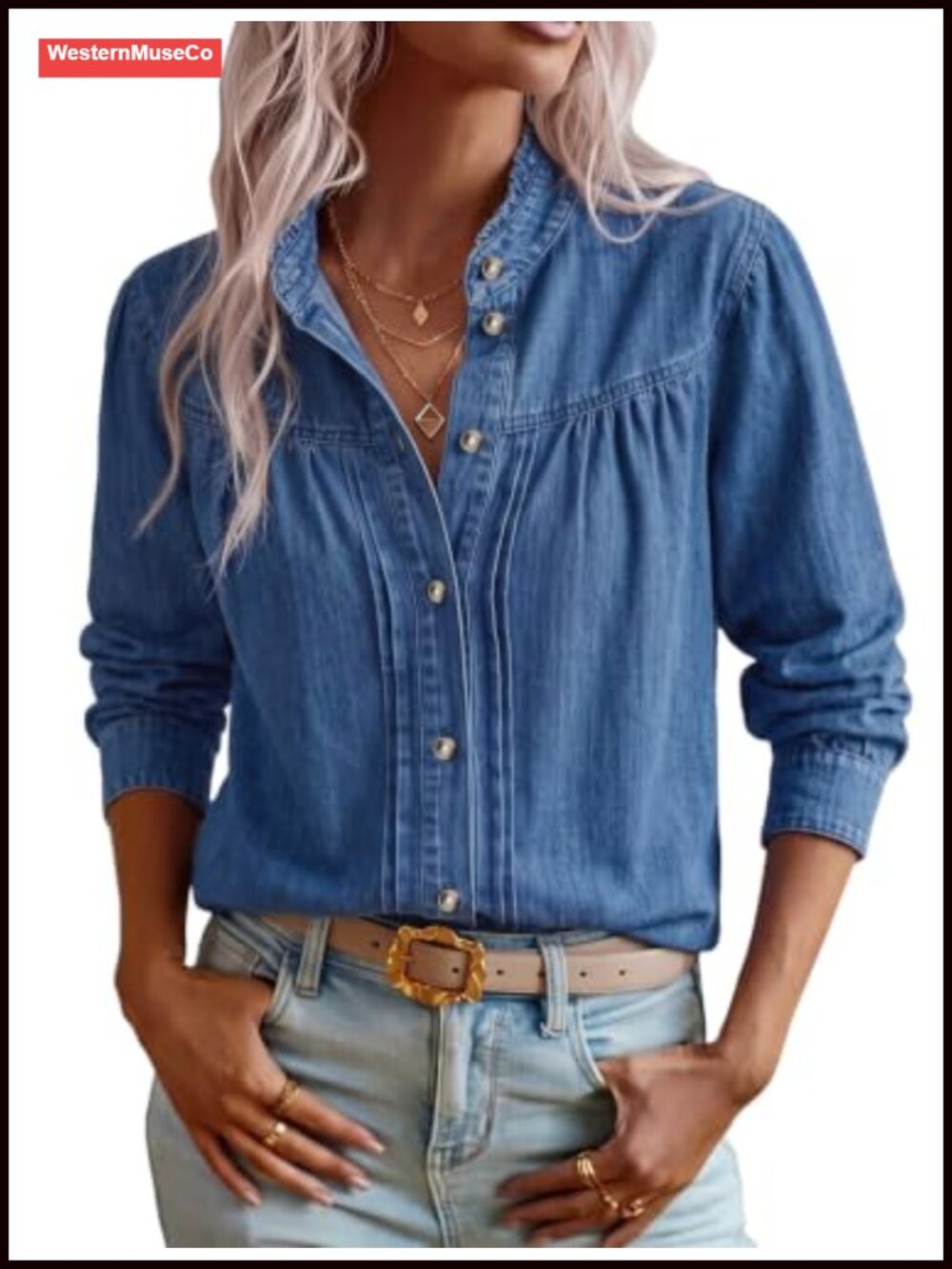 Women's Oversized Denim Button Down Shirt Long Sleeve Ruffle Jean Blouse